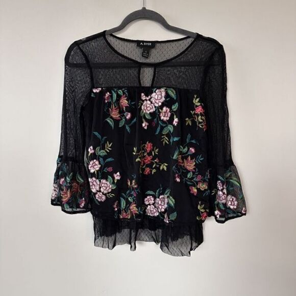A. Byer Boho Black Sheer Embroidered Bell Sleeve Top  S - Picture 8 of 13